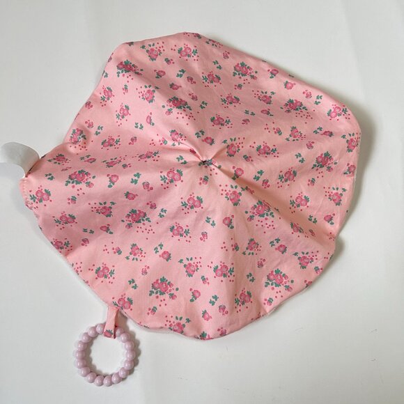 Modern Baby Pink Bunny Rabbit w/Flowers Lovey Security Round Blanket w/Teether - Picture 5 of 8